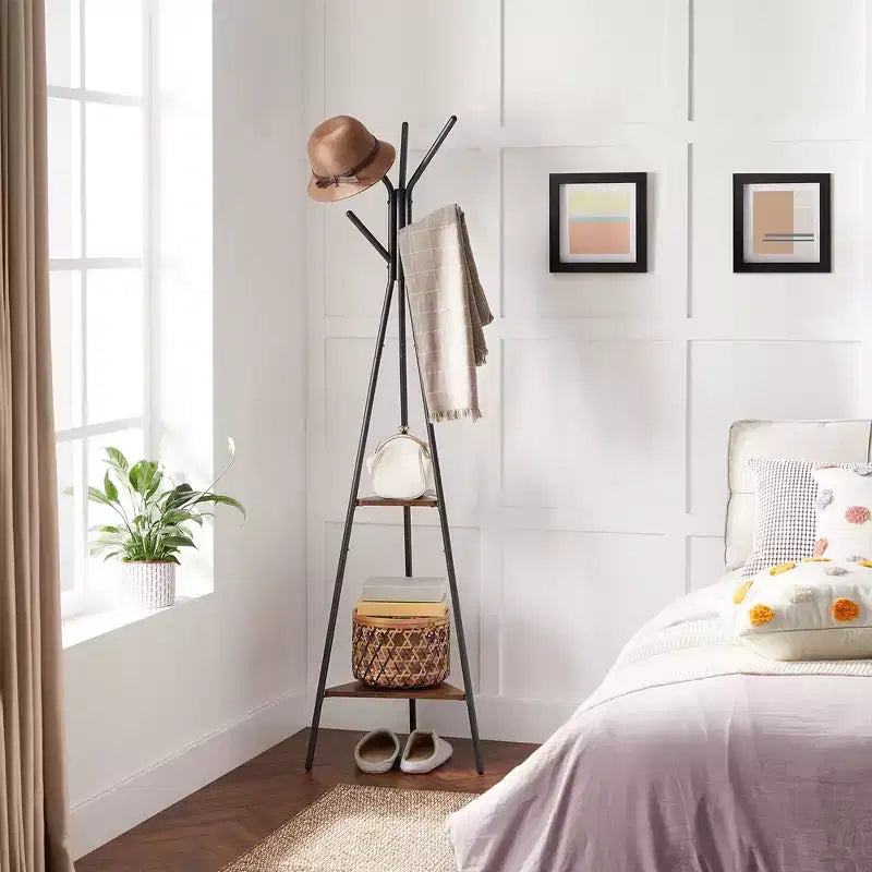 VASAGLE Portemanteau sur pied, Porte-manteau, Arbre d'entrée avec 2 étagères, pour vêtements, chapeaux, sacs, style industriel