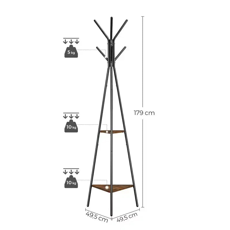 VASAGLE Portemanteau sur pied, Porte-manteau, Arbre d'entrée avec 2 étagères, pour vêtements, chapeaux, sacs, style industriel