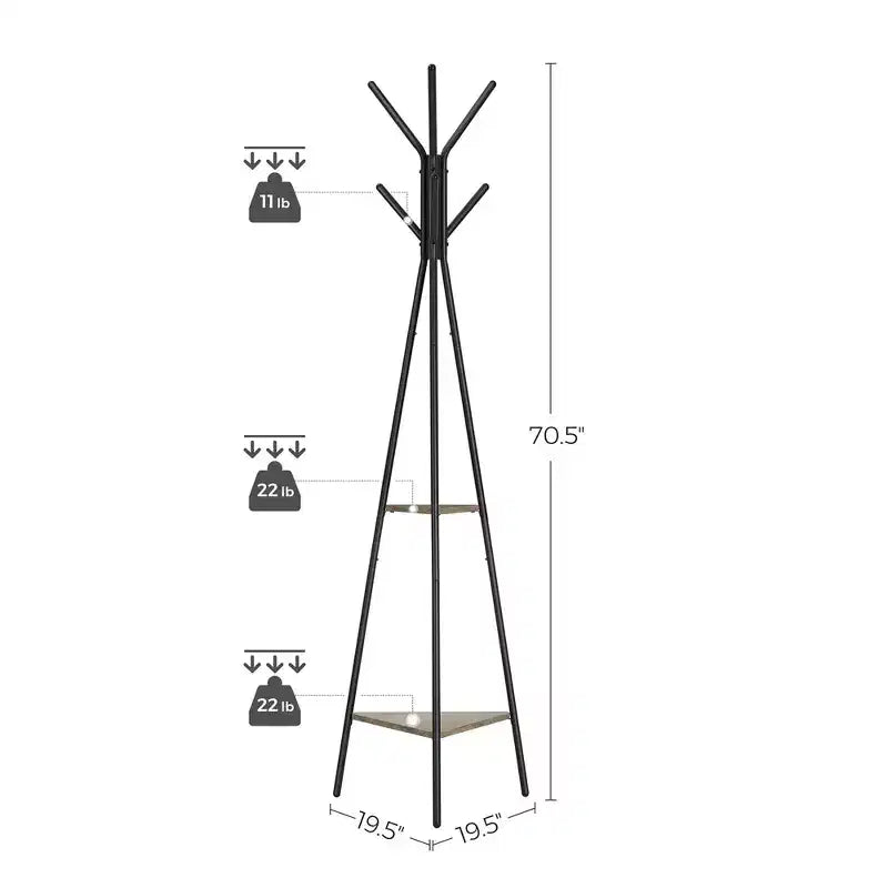 VASAGLE Portemanteau sur pied, Porte-manteau, Arbre d'entrée avec 2 étagères, pour vêtements, chapeaux, sacs, style industriel