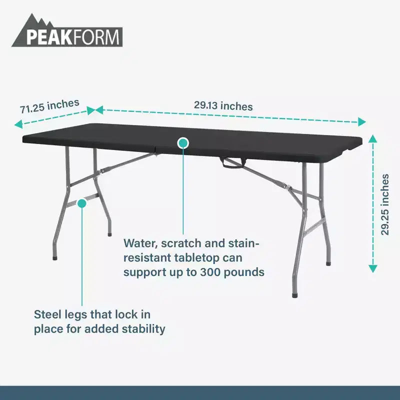 Table de banquet pliante Peakform polyvalente et légère avec base sécurisée pour événements intérieurs et extérieurs, 1,8 m, noire
