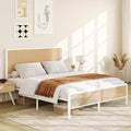 Whizmax Rattan Bed Frame with Led Light Headboard, Bohemian Style Cane Boho Bed Frames with Heavy Duty Steel Slat Support, No Box Spring Needed, White