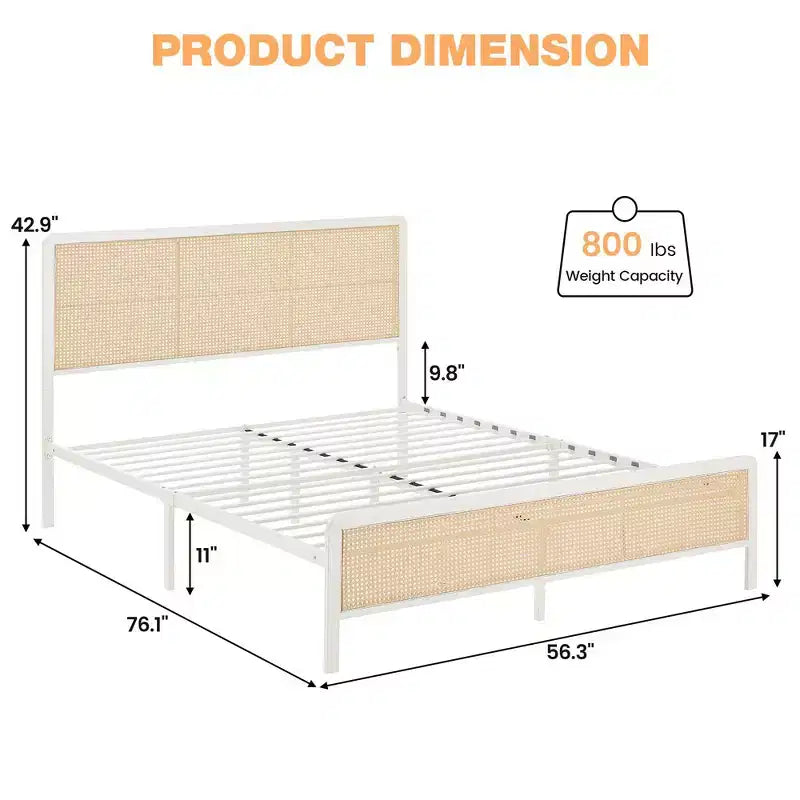 Cadre de lit en rotin Whizmax avec tête de lit lumineuse à LED, lits bohèmes en canne de style bohème avec support de lattes en acier robuste, pas besoin de sommier tapissier, blanc