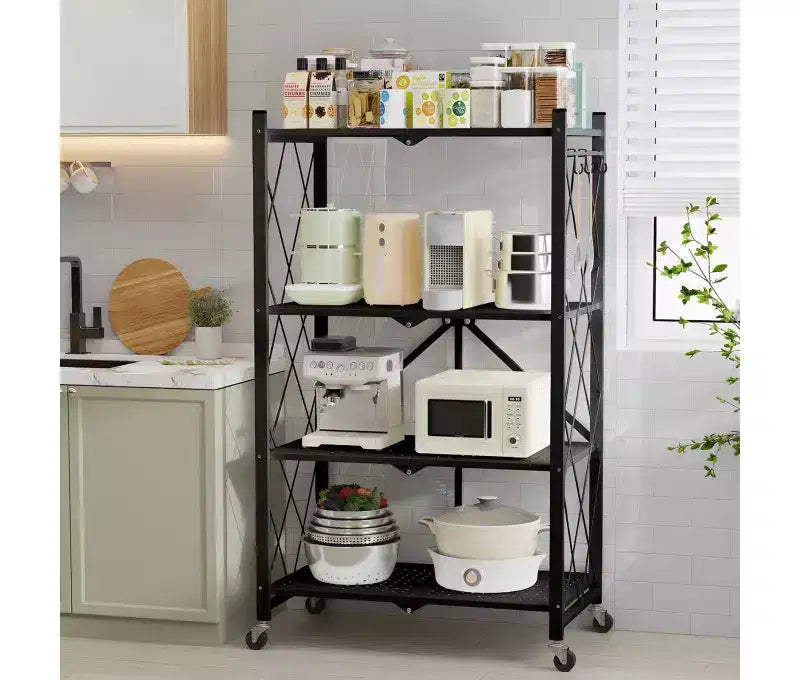 Étagère de rangement pliable en métal à 4 niveaux avec roulettes, support organisateur en fil métallique robuste noir