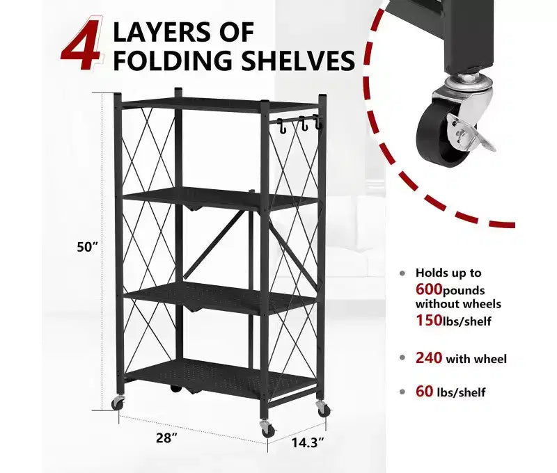 Étagère de rangement pliable en métal à 4 niveaux avec roulettes, support organisateur en fil métallique robuste noir
