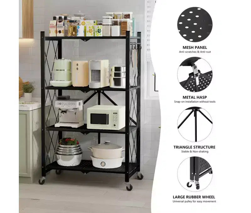 Étagère de rangement pliable en métal à 4 niveaux avec roulettes, support organisateur en fil métallique robuste noir