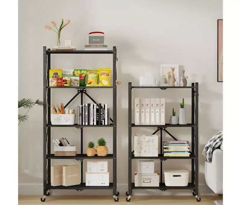 Étagère de rangement pliable en métal à 4 niveaux avec roulettes, support organisateur en fil métallique robuste noir