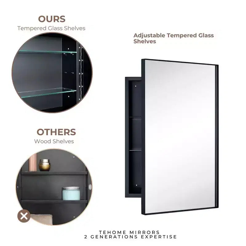 TEHOME Yasine Armoire à pharmacie rectangulaire en métal encadrée avec miroir et étagères réglables