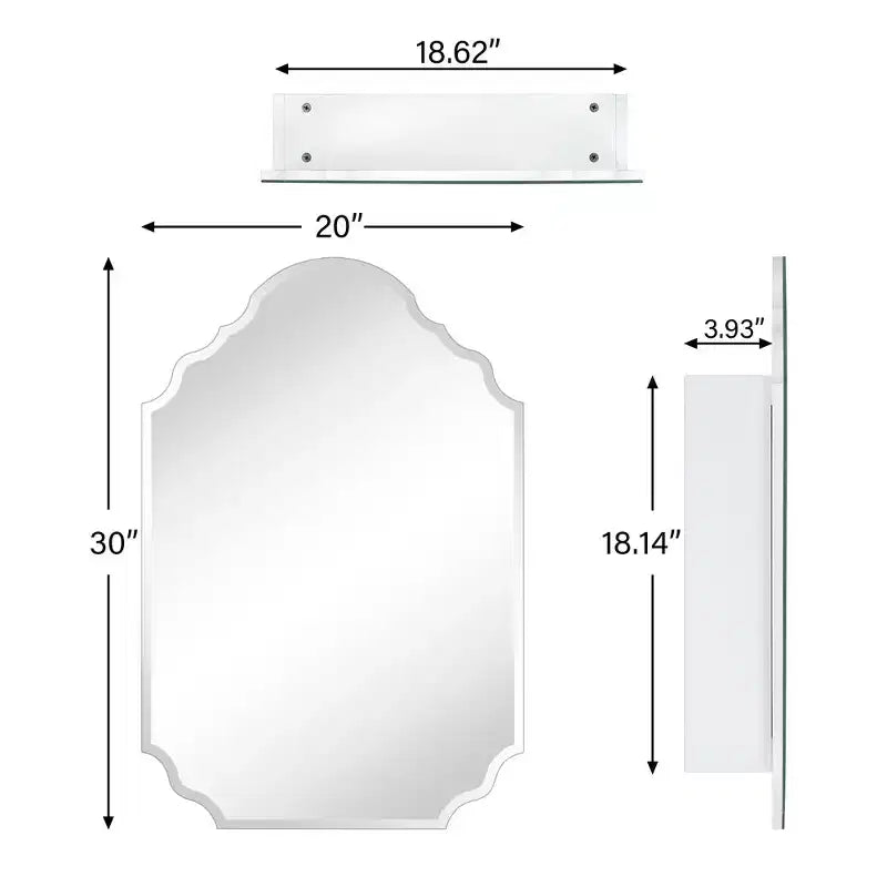 TEHOME Velora Armoire à pharmacie murale sans cadre biseautée en métal arqué irrégulier de 20 po L x 30 po H avec miroir
