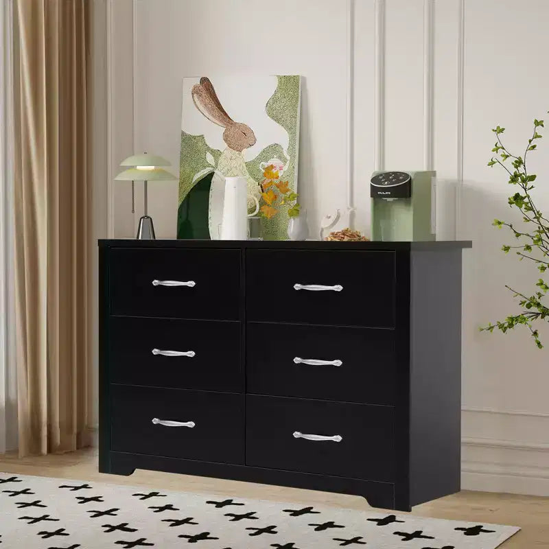 Commode à 6 tiroirs pour chambre à coucher, moderne, avec poignées métalliques, en MDF, bois naturel