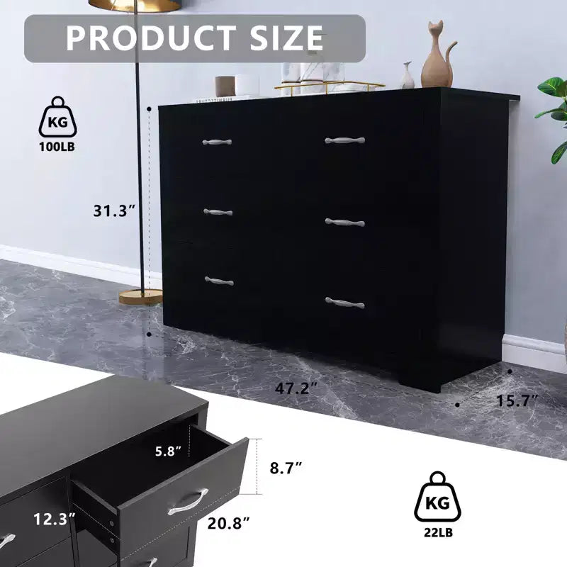 Commode à 6 tiroirs pour chambre à coucher, moderne, avec poignées métalliques, en MDF, bois naturel