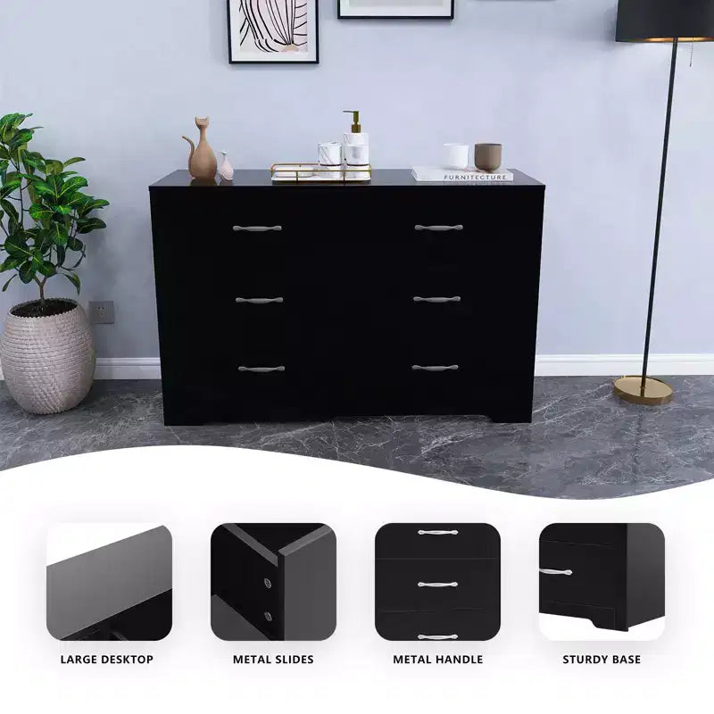 Commode à 6 tiroirs pour chambre à coucher, moderne, avec poignées métalliques, en MDF, bois naturel