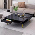 33.4W Exquisite High Glossy Coffee Table with 4 Golden Legs and 2 Small Drawers, 2-Tier Square Center Table 4S - ModernLuxe