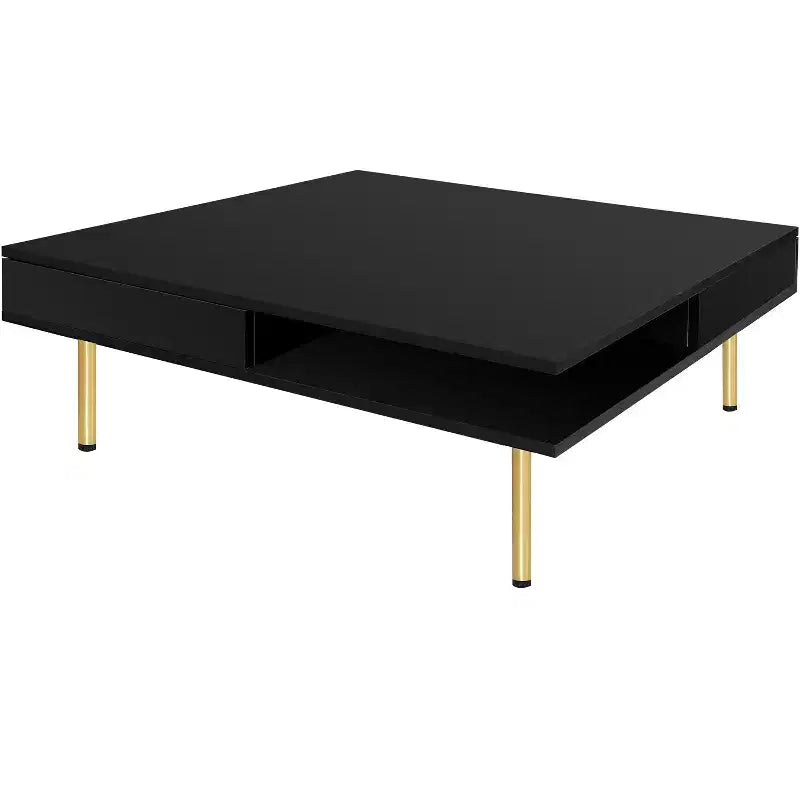 33.4W Table Basse Exquise Brillant avec 4 Pieds Dorés et 2 Petits Tiroirs, Table d'Appoint Carrée à 2 Niveaux 4S - ModernLuxe