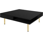 33.4W Table Basse Exquise Brillant avec 4 Pieds Dorés et 2 Petits Tiroirs, Table d'Appoint Carrée à 2 Niveaux 4S - ModernLuxe