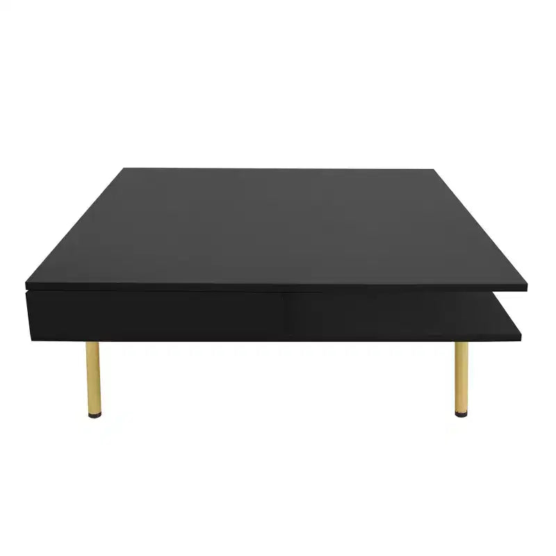 33.4W Table Basse Exquise Brillant avec 4 Pieds Dorés et 2 Petits Tiroirs, Table d'Appoint Carrée à 2 Niveaux 4S - ModernLuxe