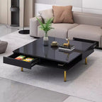 33.4W Table Basse Exquise Brillant avec 4 Pieds Dorés et 2 Petits Tiroirs, Table d'Appoint Carrée à 2 Niveaux 4S - ModernLuxe
