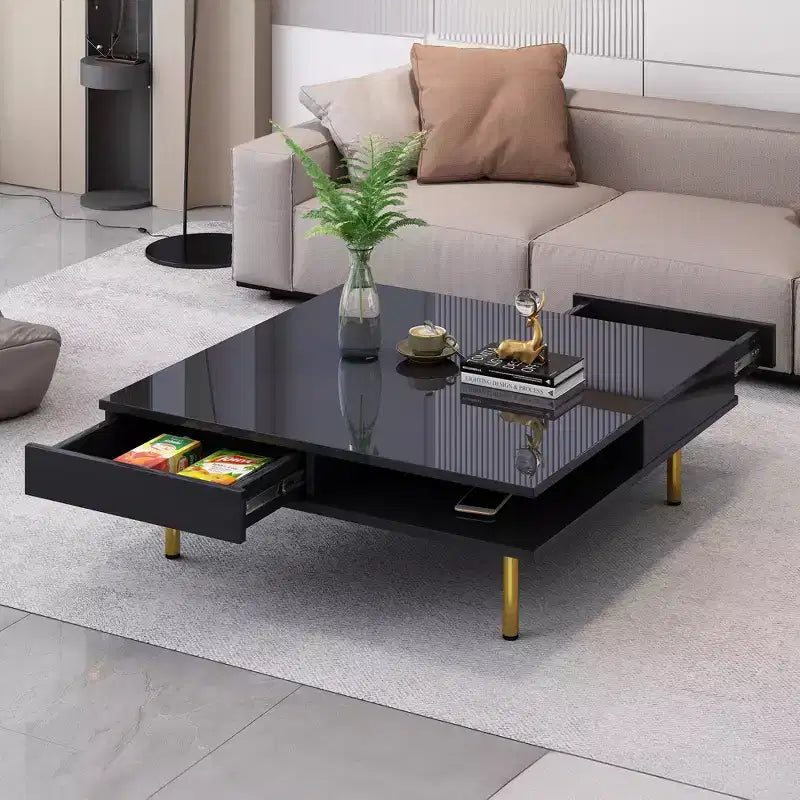 33.4W Table Basse Exquise Brillant avec 4 Pieds Dorés et 2 Petits Tiroirs, Table d'Appoint Carrée à 2 Niveaux 4S - ModernLuxe