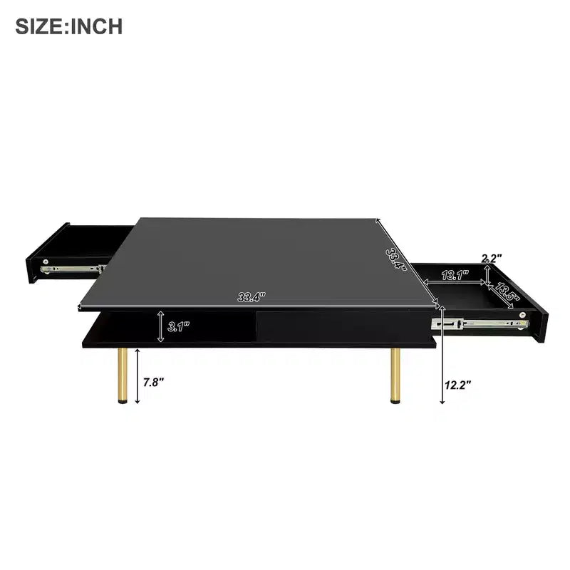 33.4W Table Basse Exquise Brillant avec 4 Pieds Dorés et 2 Petits Tiroirs, Table d'Appoint Carrée à 2 Niveaux 4S - ModernLuxe