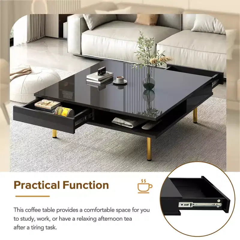 33.4W Table Basse Exquise Brillant avec 4 Pieds Dorés et 2 Petits Tiroirs, Table d'Appoint Carrée à 2 Niveaux 4S - ModernLuxe