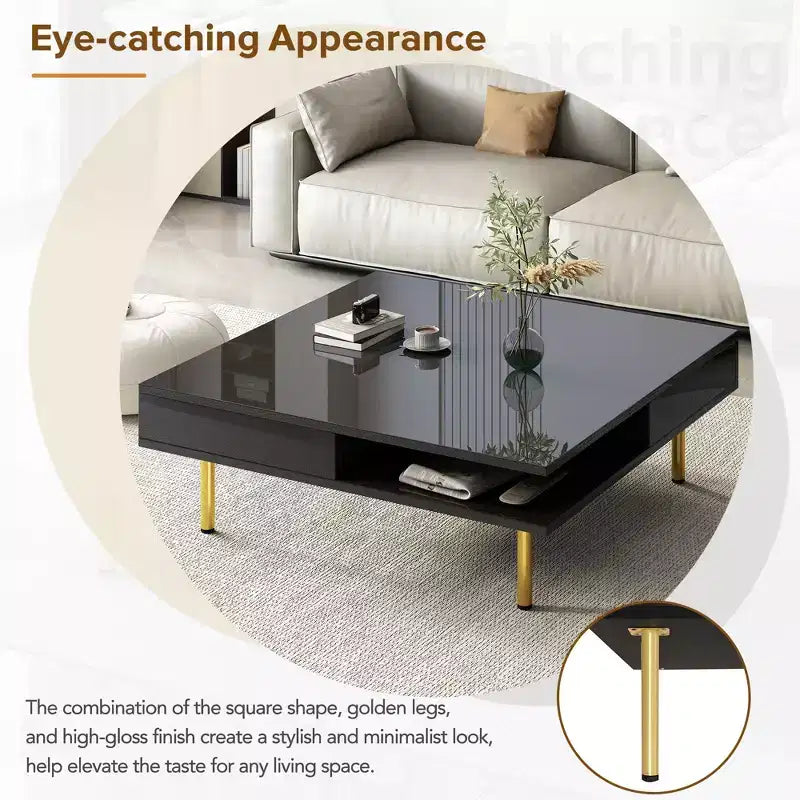 33.4W Table Basse Exquise Brillant avec 4 Pieds Dorés et 2 Petits Tiroirs, Table d'Appoint Carrée à 2 Niveaux 4S - ModernLuxe
