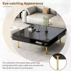 33.4W Table Basse Exquise Brillant avec 4 Pieds Dorés et 2 Petits Tiroirs, Table d'Appoint Carrée à 2 Niveaux 4S - ModernLuxe