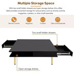 33.4W Table Basse Exquise Brillant avec 4 Pieds Dorés et 2 Petits Tiroirs, Table d'Appoint Carrée à 2 Niveaux 4S - ModernLuxe
