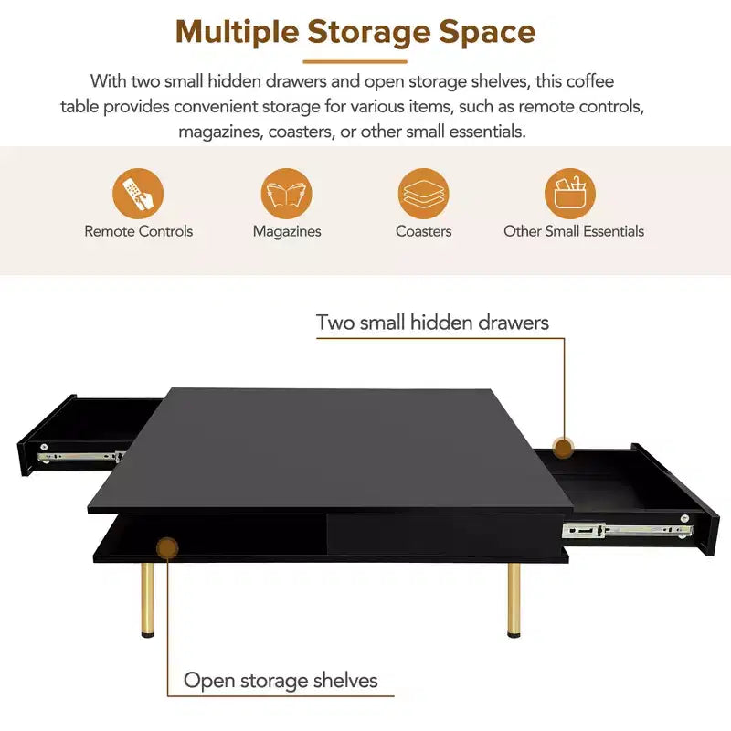 33.4W Table Basse Exquise Brillant avec 4 Pieds Dorés et 2 Petits Tiroirs, Table d'Appoint Carrée à 2 Niveaux 4S - ModernLuxe