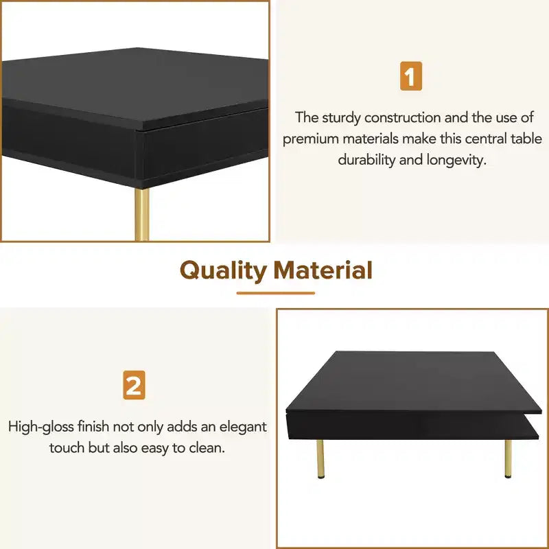 33.4W Table Basse Exquise Brillant avec 4 Pieds Dorés et 2 Petits Tiroirs, Table d'Appoint Carrée à 2 Niveaux 4S - ModernLuxe