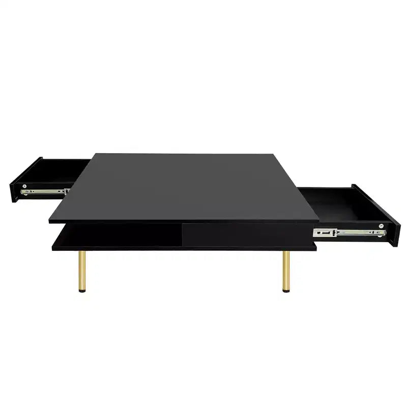 33.4W Table Basse Exquise Brillant avec 4 Pieds Dorés et 2 Petits Tiroirs, Table d'Appoint Carrée à 2 Niveaux 4S - ModernLuxe