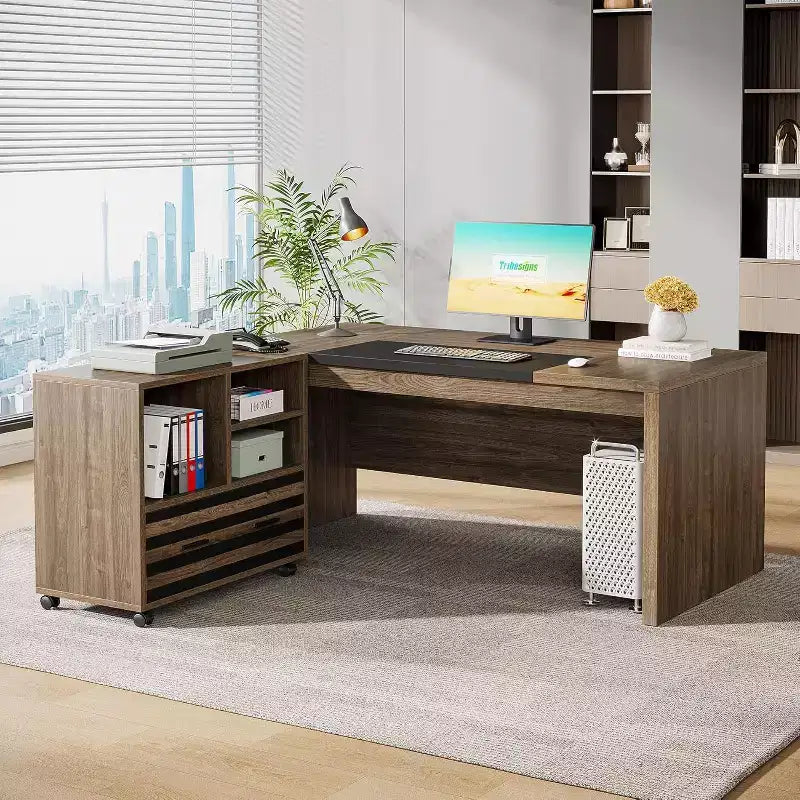 Bureau de direction en forme de L Tribesigns 62,2 po avec classeur mobile