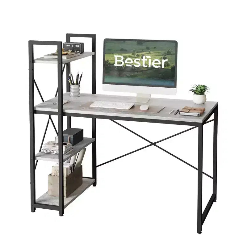Petit bureau informatique Bestier avec étagères pour bureau à domicile, noyer foncé