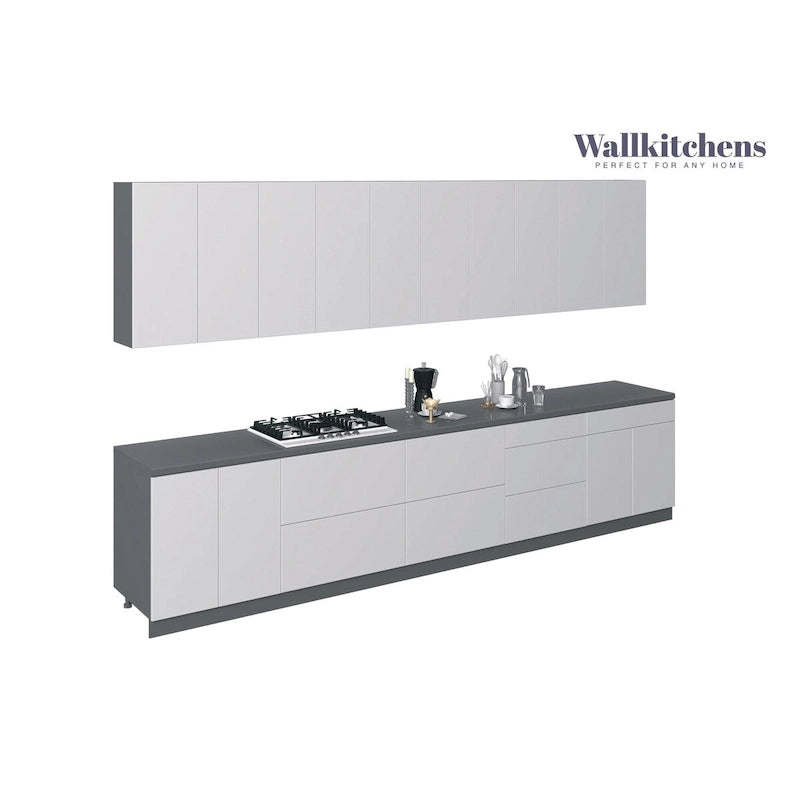 Ensemble d'armoires de cuisine blanches brillantes de 3,96 m de large, portes à fermeture amortie, panneaux de particules européens, 388,6 cm x 61 cm