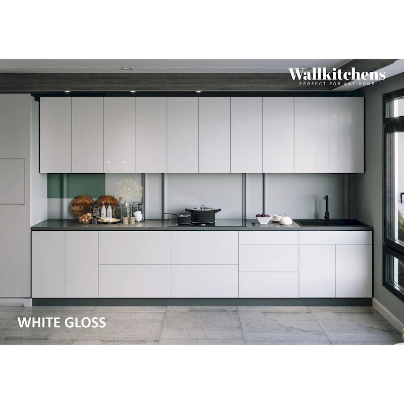 13Ft Wide White Gloss Kitchen Cabinet Set, Soft-Close Doors, European Chipboard, 153"x24"