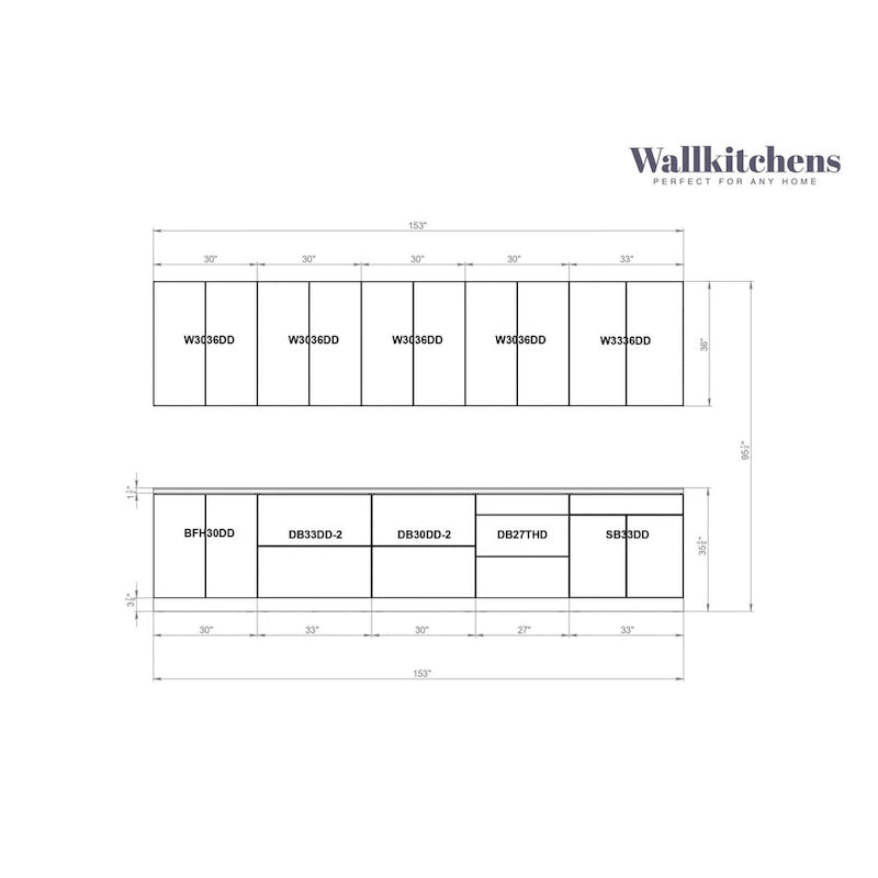 13Ft Wide White Gloss Kitchen Cabinet Set, Soft-Close Doors, European Chipboard, 153"x24"