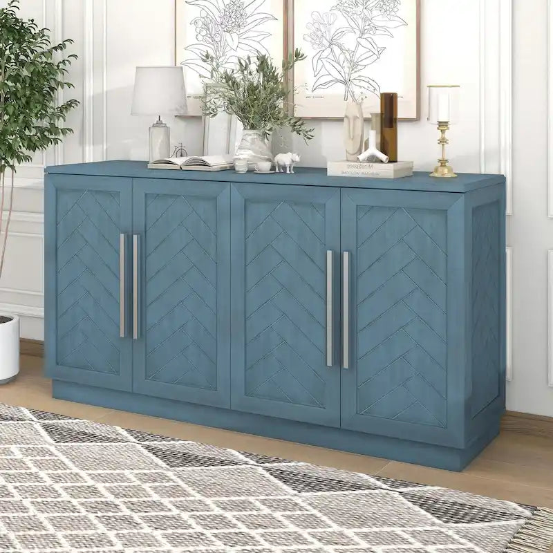 Bahut 4 portes grand espace de rangement Meuble de rangement avec étagères réglables et poignées argentées pour cuisine