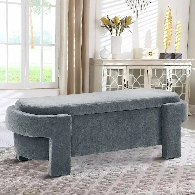 Banc de rangement français minimaliste rembourré en tissu avec quatre pieds rembourrés
