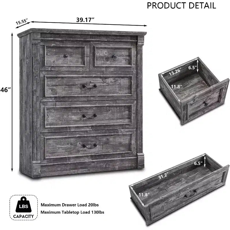 Commode de chambre SinCiDo à 5 tiroirs, commode de ferme de 117 cm de haut avec colonnes romaines