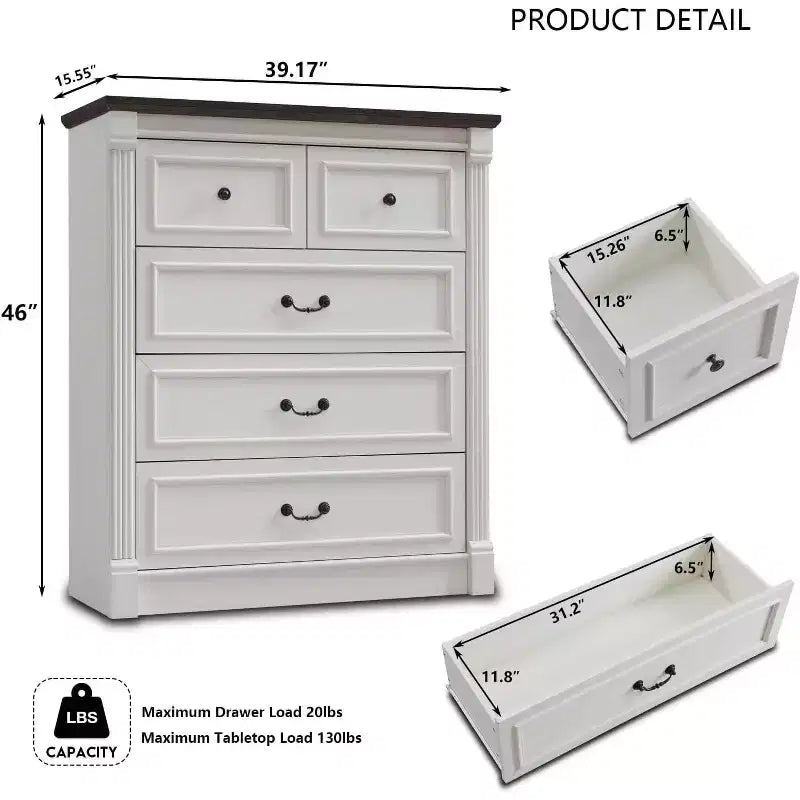 Commode de chambre SinCiDo à 5 tiroirs, commode de ferme de 117 cm de haut avec colonnes romaines