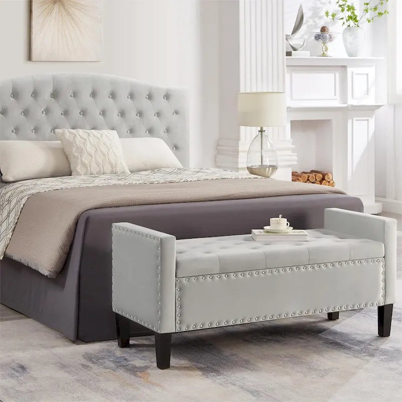 Banc de rangement capitonné en velours de 122 cm, garniture cloutée, mousse haute densité, cadre en bois massif, 4 couleurs