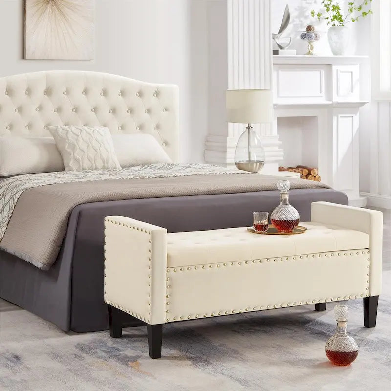 Banc de rangement capitonné en velours de 122 cm, garniture cloutée, mousse haute densité, cadre en bois massif, 4 couleurs
