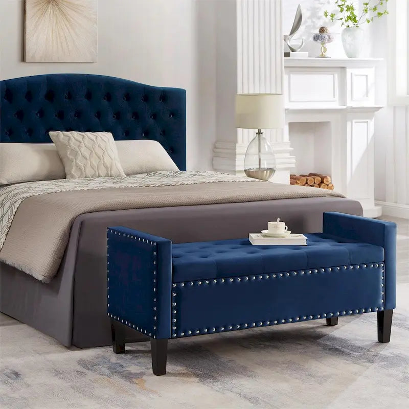 Banc de rangement capitonné en velours de 122 cm, garniture cloutée, mousse haute densité, cadre en bois massif, 4 couleurs