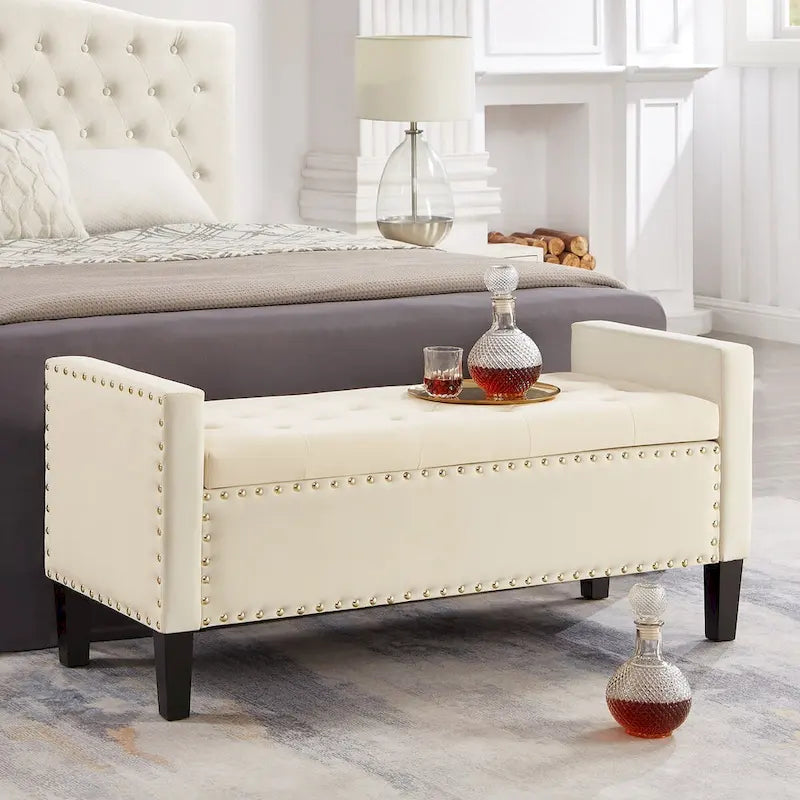 Banc de rangement capitonné en velours de 122 cm, garniture cloutée, mousse haute densité, cadre en bois massif, 4 couleurs