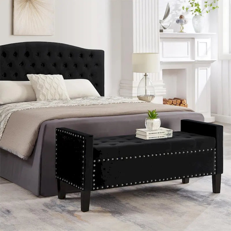 Banc de rangement capitonné en velours de 122 cm, garniture cloutée, mousse haute densité, cadre en bois massif, 4 couleurs