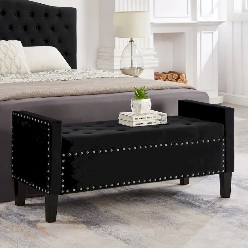 Banc de rangement capitonné en velours de 122 cm, garniture cloutée, mousse haute densité, cadre en bois massif, 4 couleurs