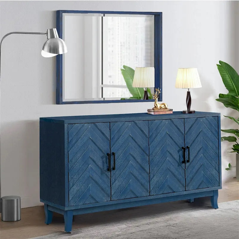 59.84"W 4-Door Striped Sideboard, MDF & Solid Pine Legs, 2 Adjustable Shelves, 3 Colors