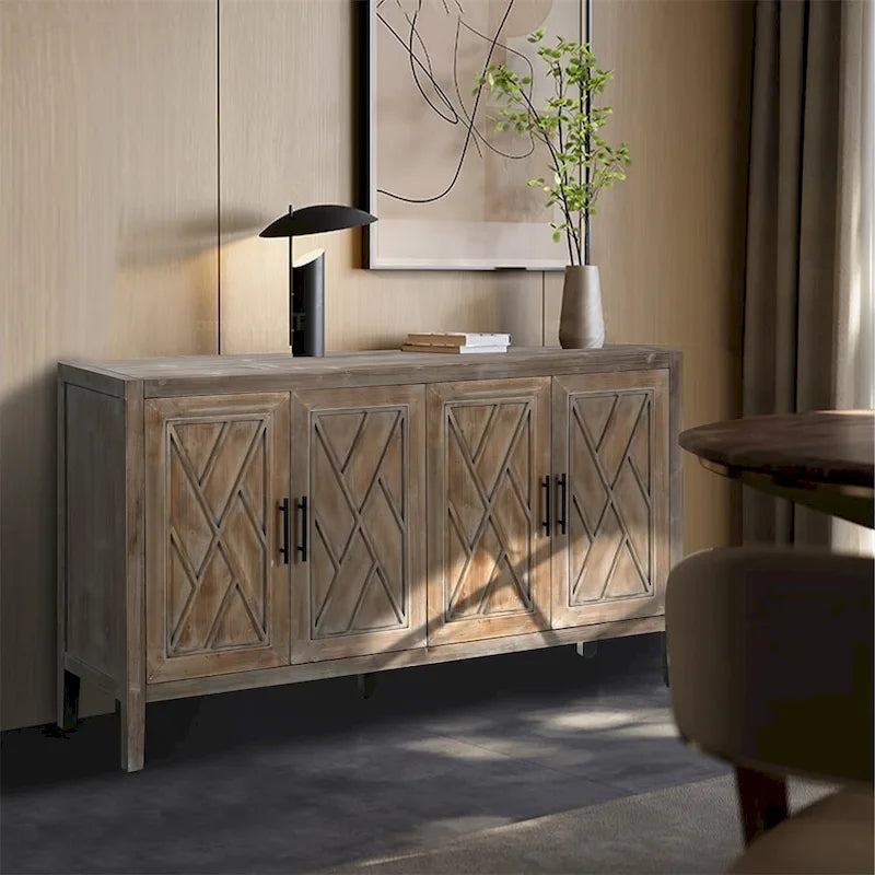 59.84"W 4-Door Striped Sideboard, MDF & Solid Pine Legs, 2 Adjustable Shelves, 3 Colors