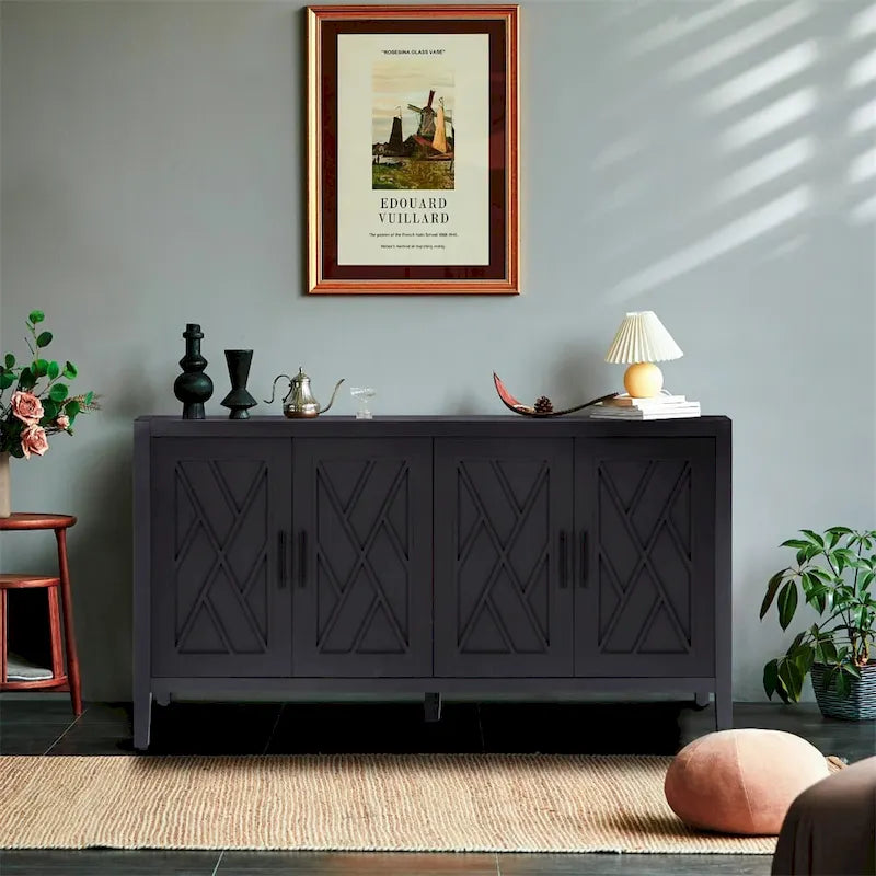 59.84"W 4-Door Striped Sideboard, MDF & Solid Pine Legs, 2 Adjustable Shelves, 3 Colors