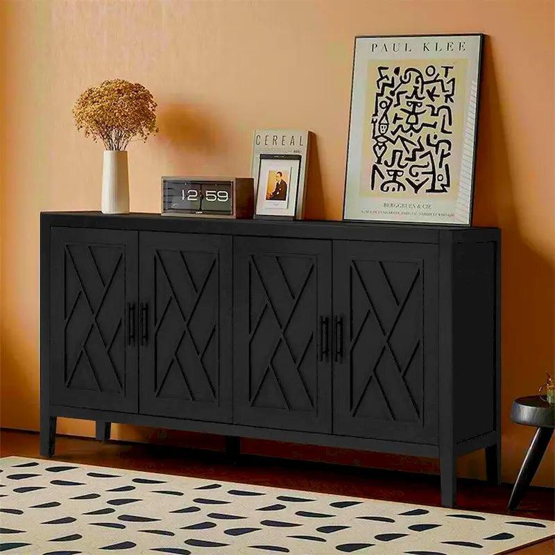 59.84"W 4-Door Striped Sideboard, MDF & Solid Pine Legs, 2 Adjustable Shelves, 3 Colors