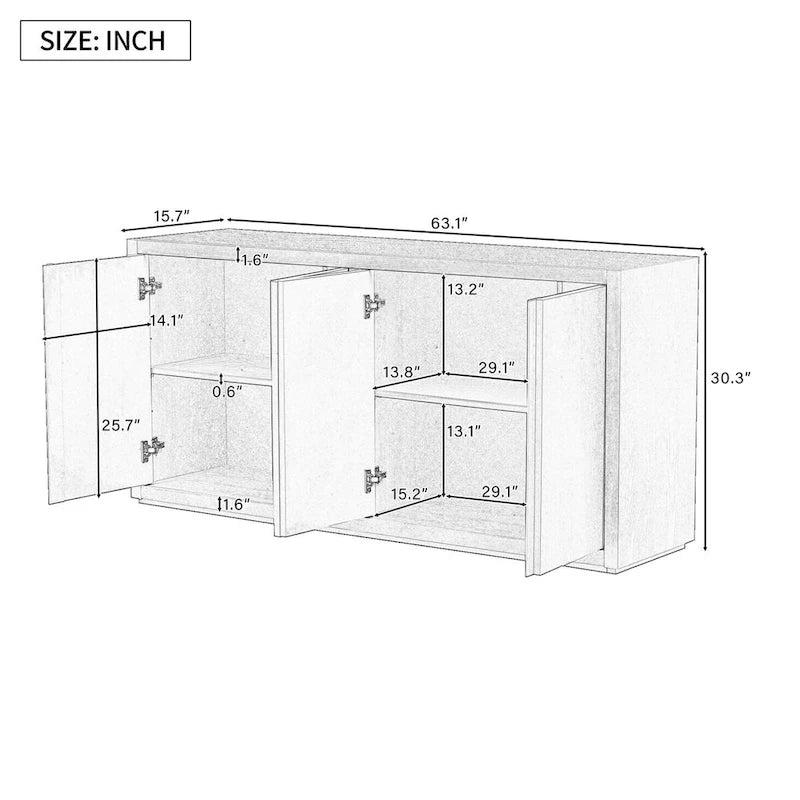 Caractéristiques distinctives d'un buffet à quatre portes avec placage de frêne, idéal pour le couloir, l'entrée ou le salon.