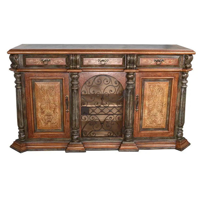 Buffet de 193 cm de large en fer forgé rustique et bois massif, portes verrouillables, style colonial espagnol